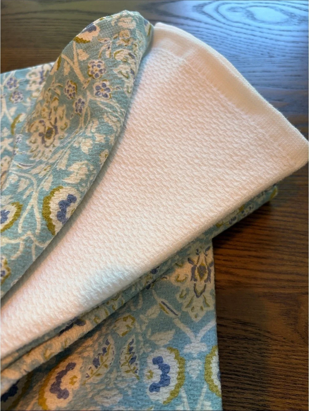 Patina Vie Set of 3 Kitchen Towels - 2 Blue & Cream Pattern, 1 Solid White
